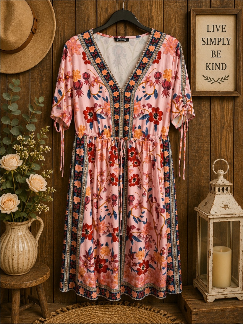 BloomChic Pink Floral Boho Midi Dress – Size 12